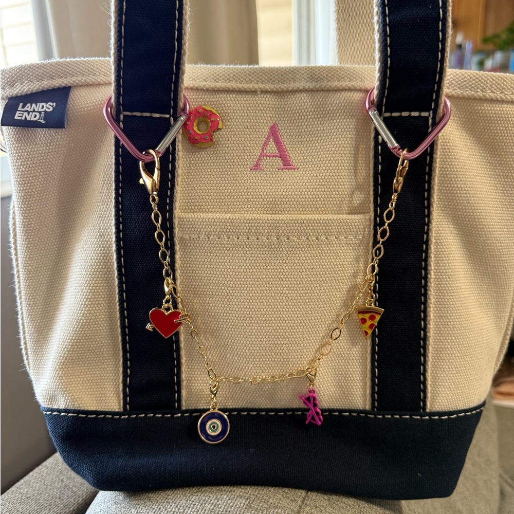 Lands' End Navy and Cream Tote Bag